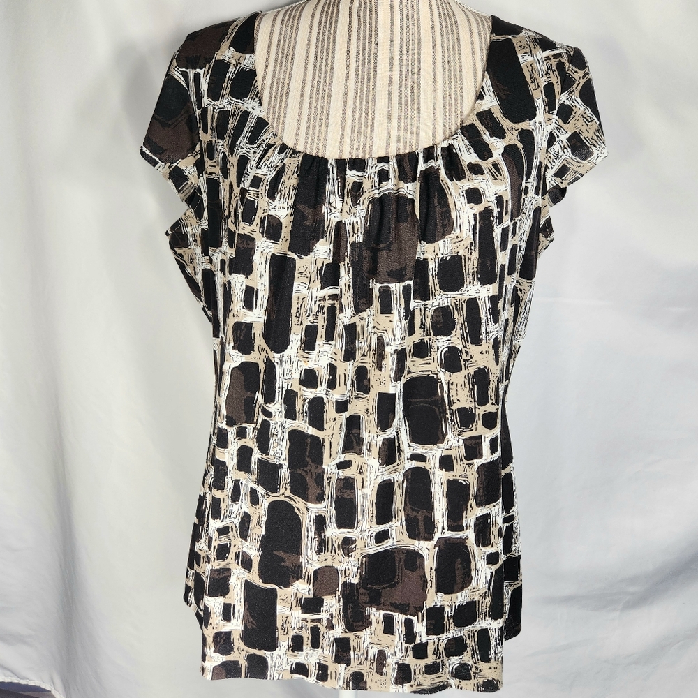 Worthington Stretch Black White Beige Geometric Print Cap Sleeve Top Size XLarge